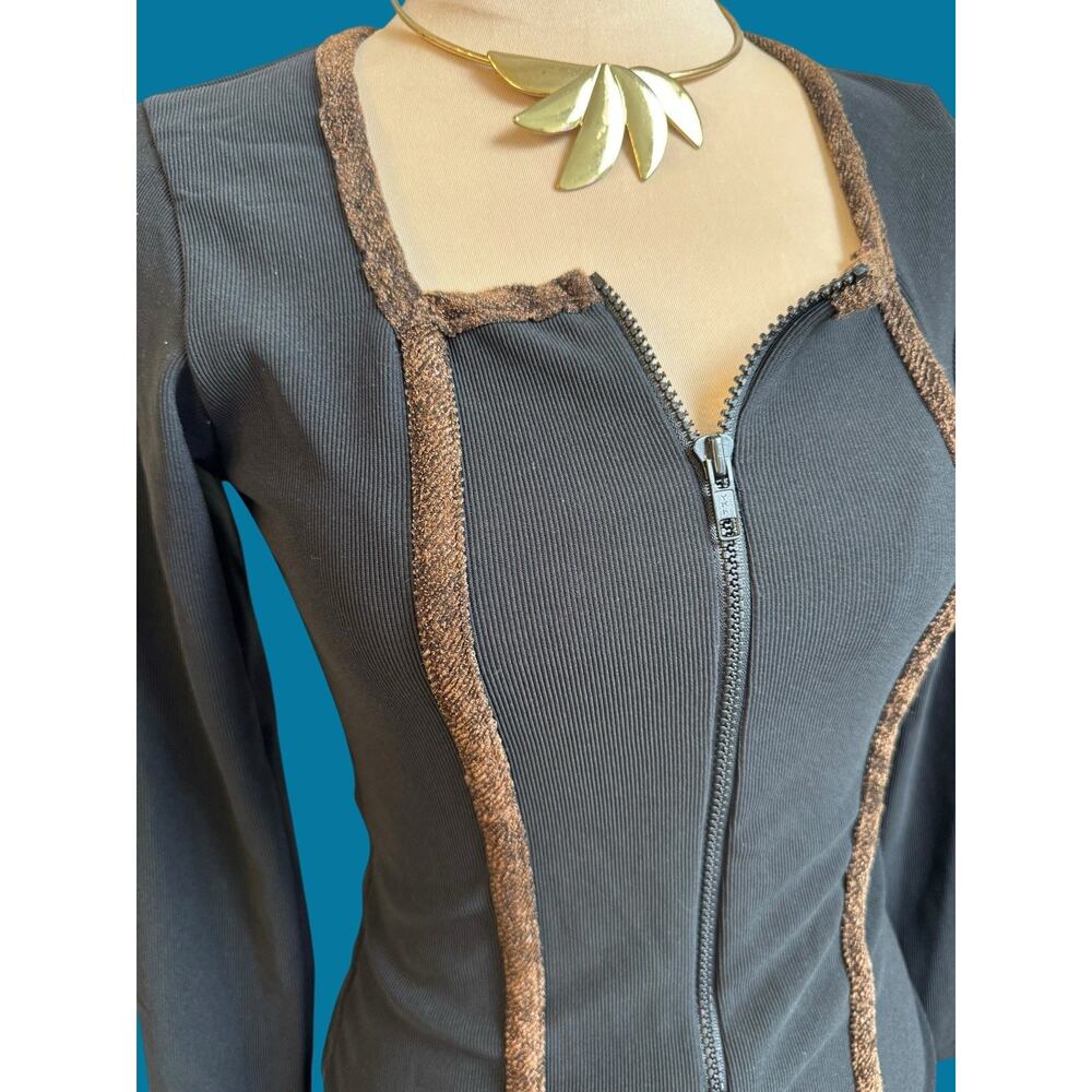 Vintage 90s Body Language Black Mini Dress M Zip Front Brown Trim Y2K Goth USA - Picture 3 of 8